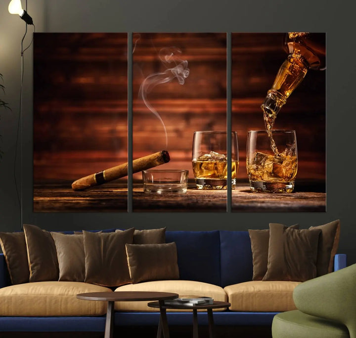 Whiskey and Cigar Canvas Wall Art: 3 Panel Bar Decor; Premium Ready-to-Hang Artwork.