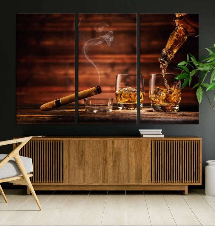 Whiskey and Cigar Canvas Wall Art: 3 Panel Bar Decor; Premium Ready-to-Hang Artwork.
