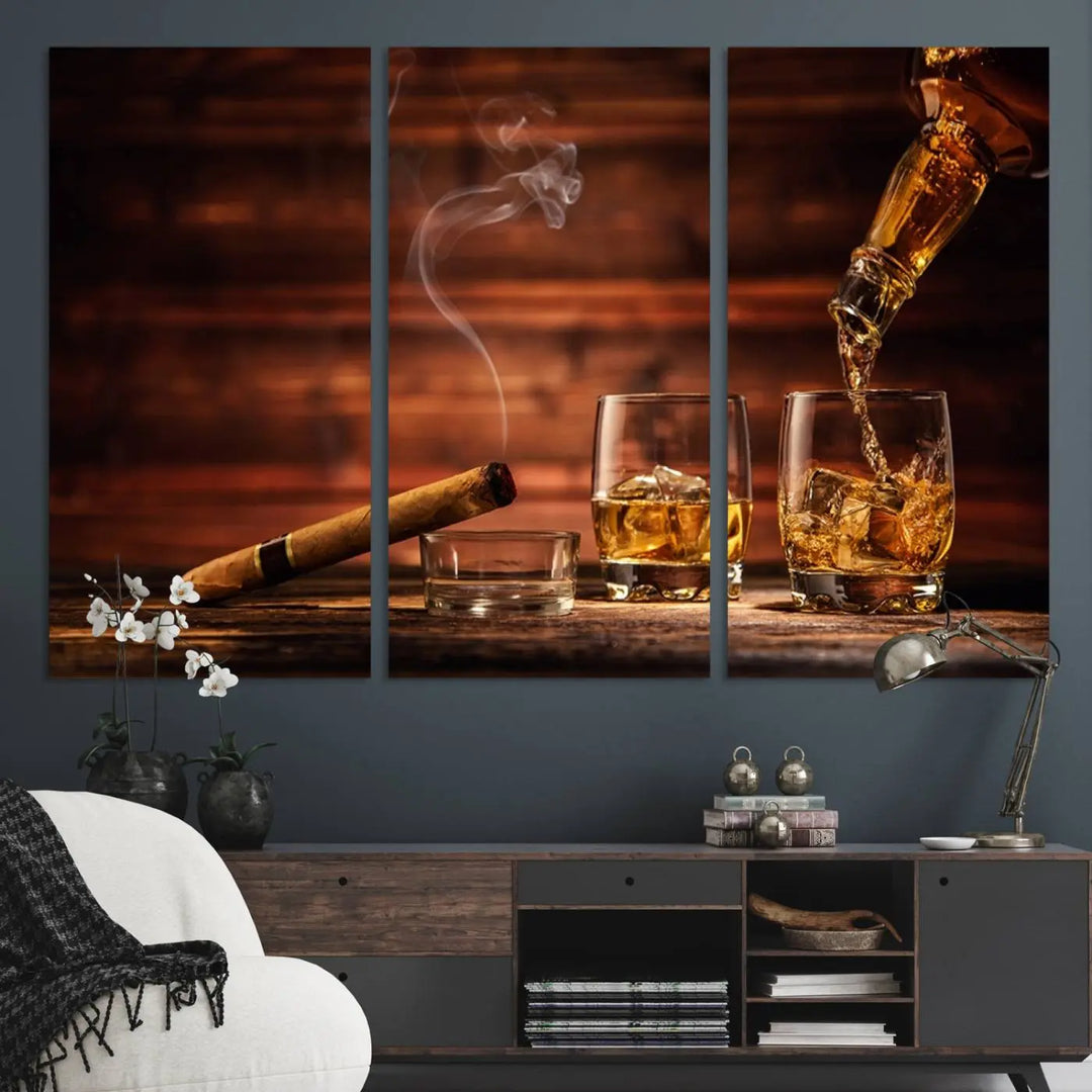 Whiskey and Cigar Canvas Wall Art: 3 Panel Bar Decor; Premium Ready-to-Hang Artwork.