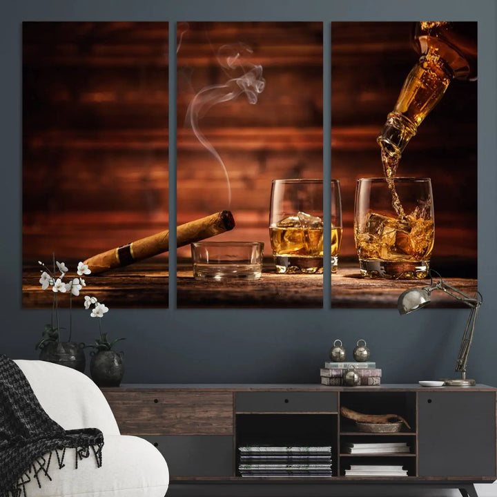 Whiskey and Cigar Canvas Wall Art: 3 Panel Bar Decor; Premium Ready-to-Hang Artwork.