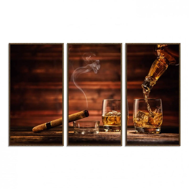 Whiskey and Cigar Canvas Wall Art: 3 Panel Bar Decor; Premium Ready-to-Hang Artwork.