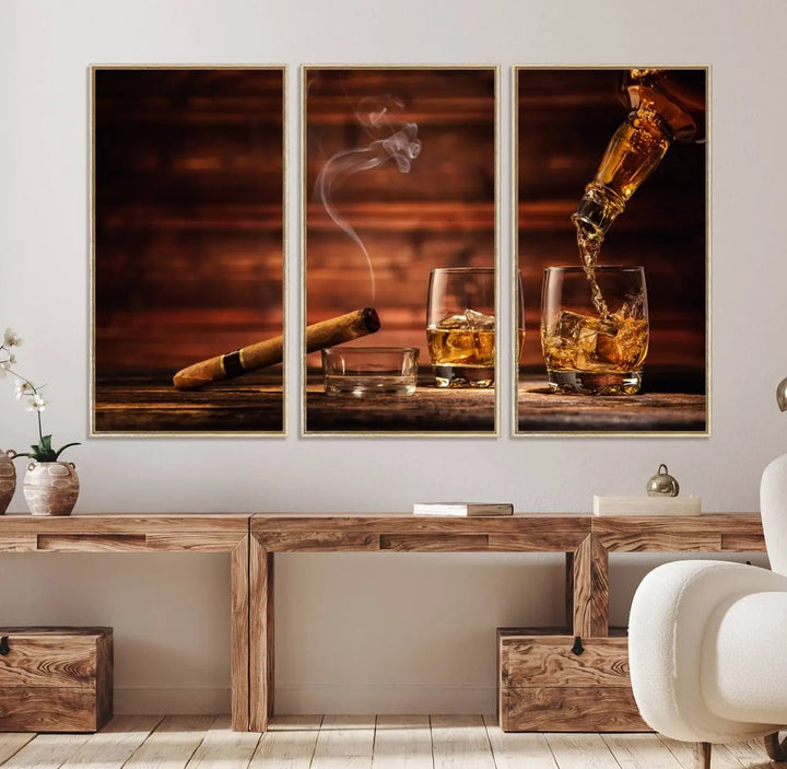 Whiskey and Cigar Canvas Wall Art: 3 Panel Bar Decor; Premium Ready-to-Hang Artwork.