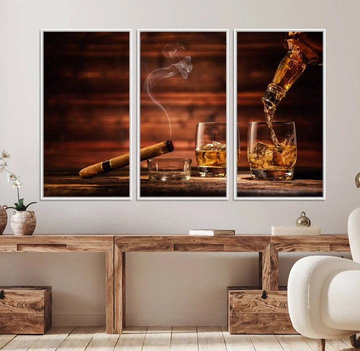 Whiskey and Cigar Canvas Wall Art: 3 Panel Bar Decor; Premium Ready-to-Hang Artwork.