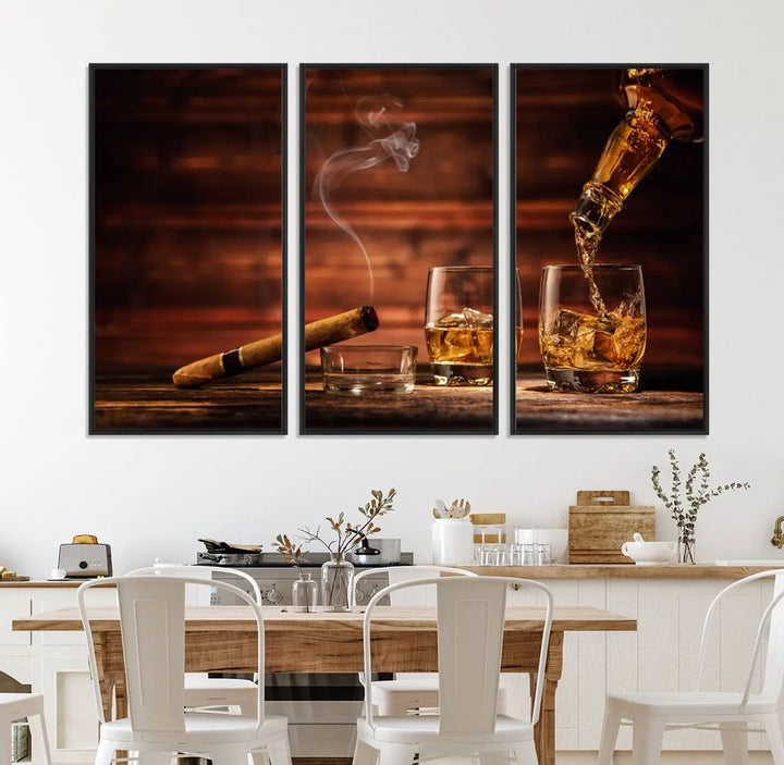 Whiskey and Cigar Canvas Wall Art: 3 Panel Bar Decor; Premium Ready-to-Hang Artwork.