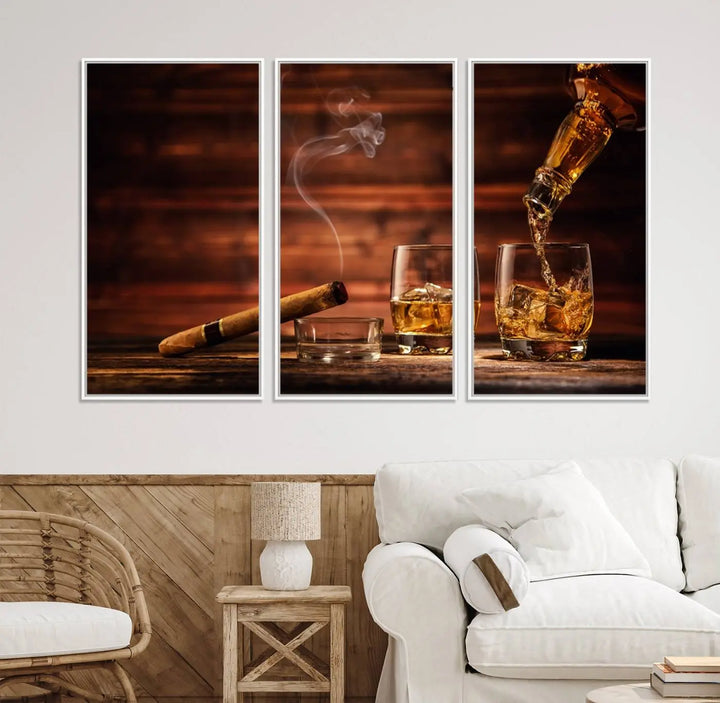 Whiskey and Cigar Canvas Wall Art: 3 Panel Bar Decor; Premium Ready-to-Hang Artwork.