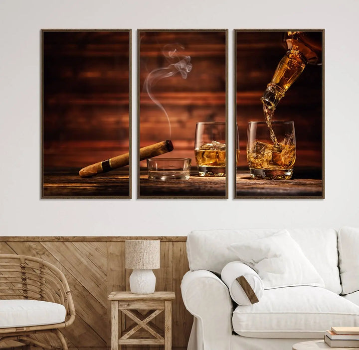 Whiskey and Cigar Canvas Wall Art: 3 Panel Bar Decor; Premium Ready-to-Hang Artwork.