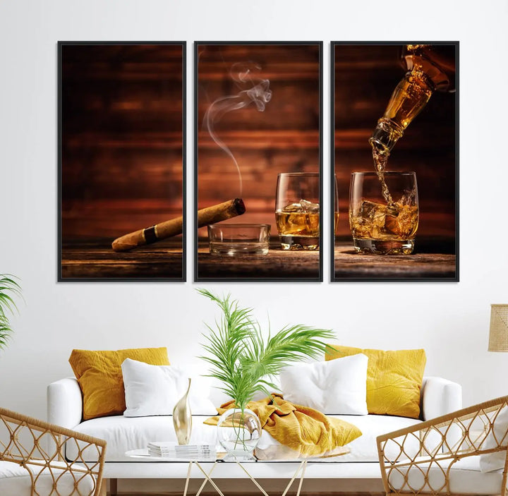 Whiskey and Cigar Canvas Wall Art: 3 Panel Bar Decor; Premium Ready-to-Hang Artwork.