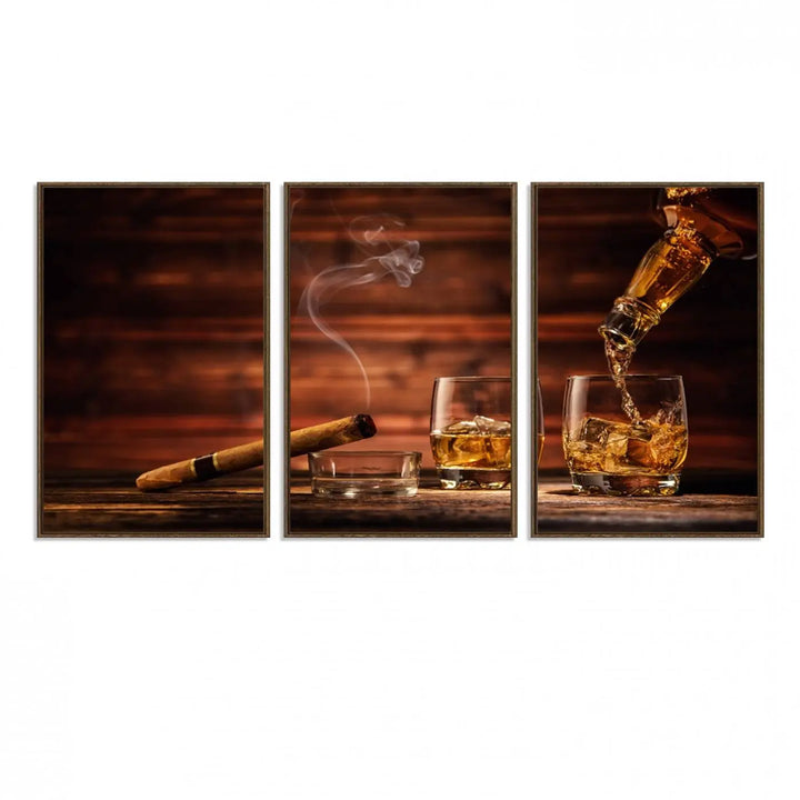 Whiskey and Cigar Canvas Wall Art: 3 Panel Bar Decor; Premium Ready-to-Hang Artwork.