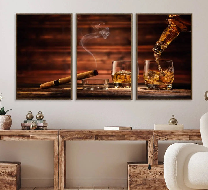Whiskey and Cigar Canvas Wall Art: 3 Panel Bar Decor; Premium Ready-to-Hang Artwork.