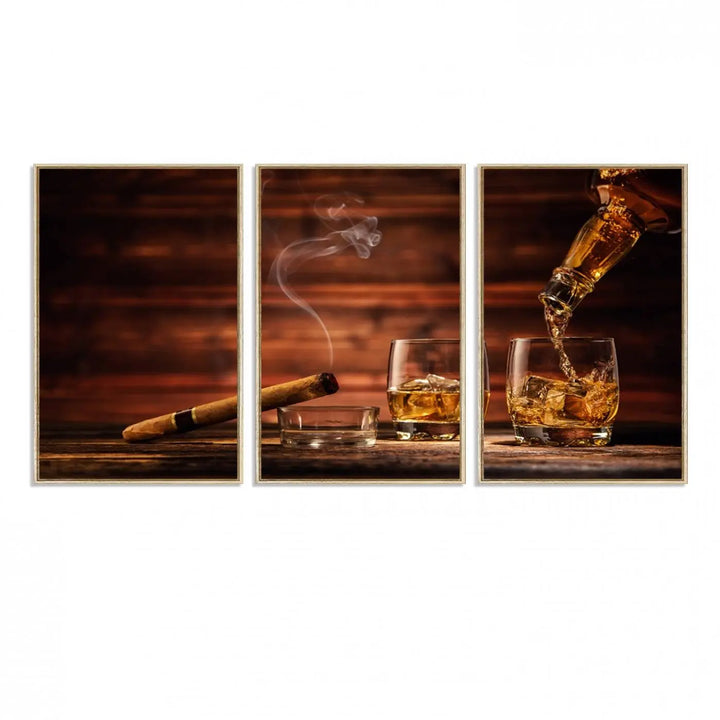 Whiskey and Cigar Canvas Wall Art: 3 Panel Bar Decor; Premium Ready-to-Hang Artwork.