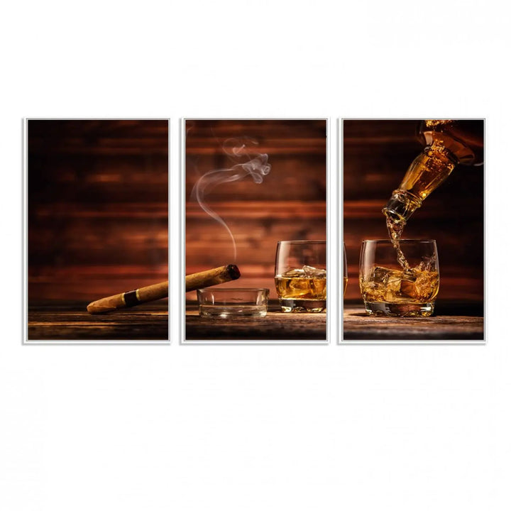 Whiskey and Cigar Canvas Wall Art: 3 Panel Bar Decor; Premium Ready-to-Hang Artwork.