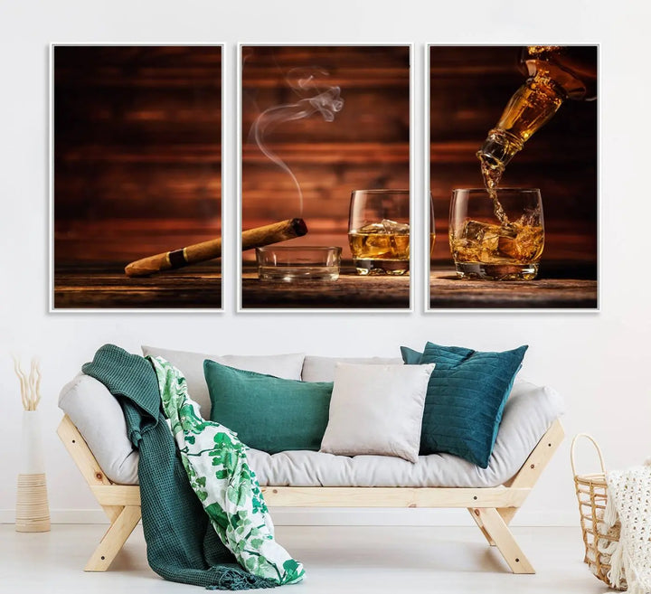 Whiskey and Cigar Canvas Wall Art: 3 Panel Bar Decor; Premium Ready-to-Hang Artwork.