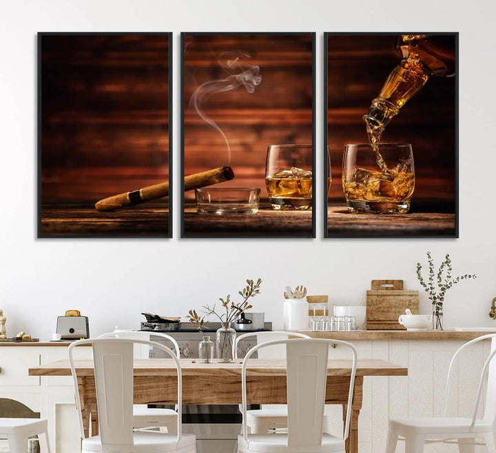 Whiskey and Cigar Canvas Wall Art: 3 Panel Bar Decor; Premium Ready-to-Hang Artwork.