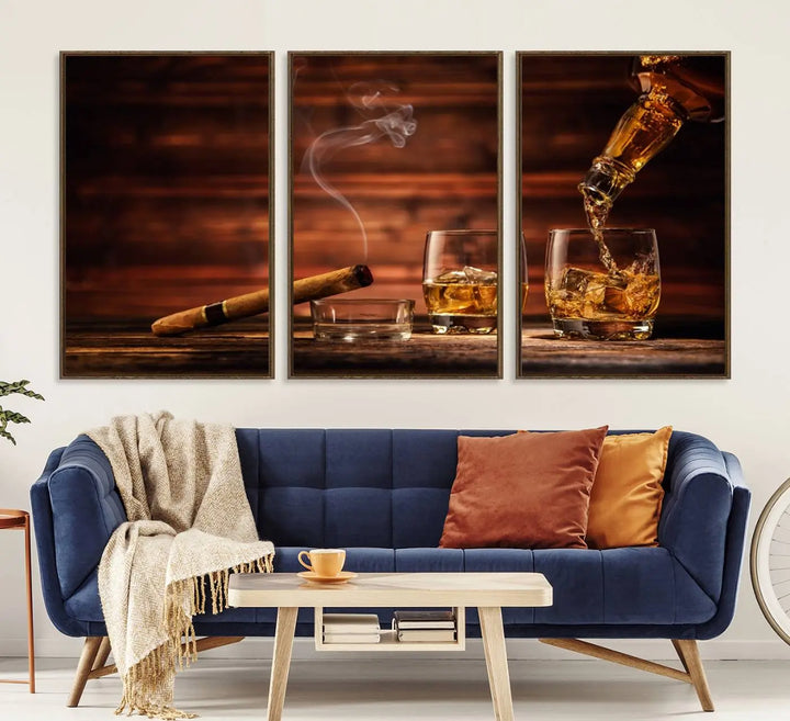Whiskey and Cigar Canvas Wall Art: 3 Panel Bar Decor; Premium Ready-to-Hang Artwork.