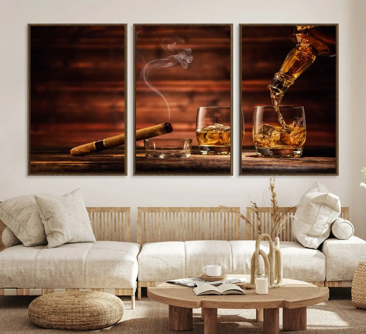 Whiskey and Cigar Canvas Wall Art: 3 Panel Bar Decor; Premium Ready-to-Hang Artwork.