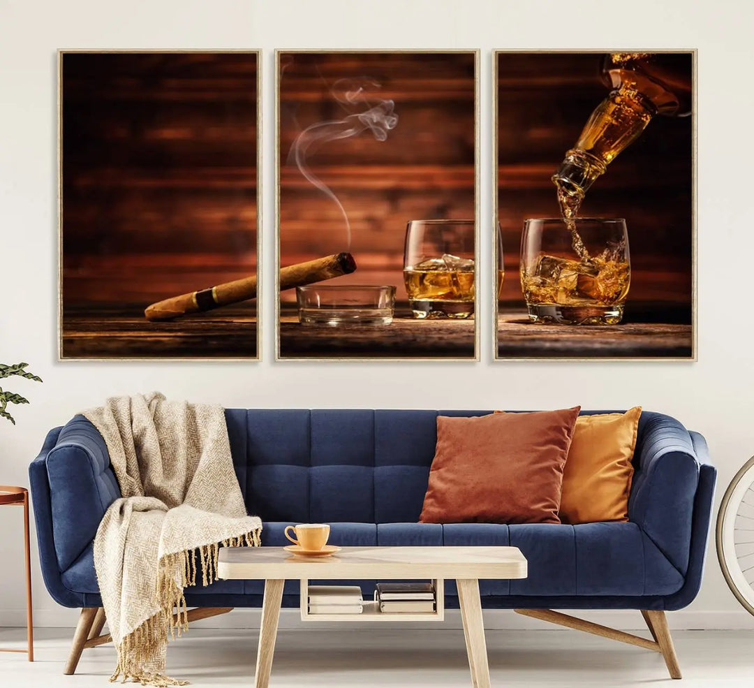 Whiskey and Cigar Canvas Wall Art: 3 Panel Bar Decor; Premium Ready-to-Hang Artwork.