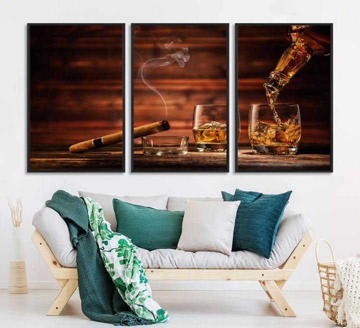 Whiskey and Cigar Canvas Wall Art: 3 Panel Bar Decor; Premium Ready-to-Hang Artwork.