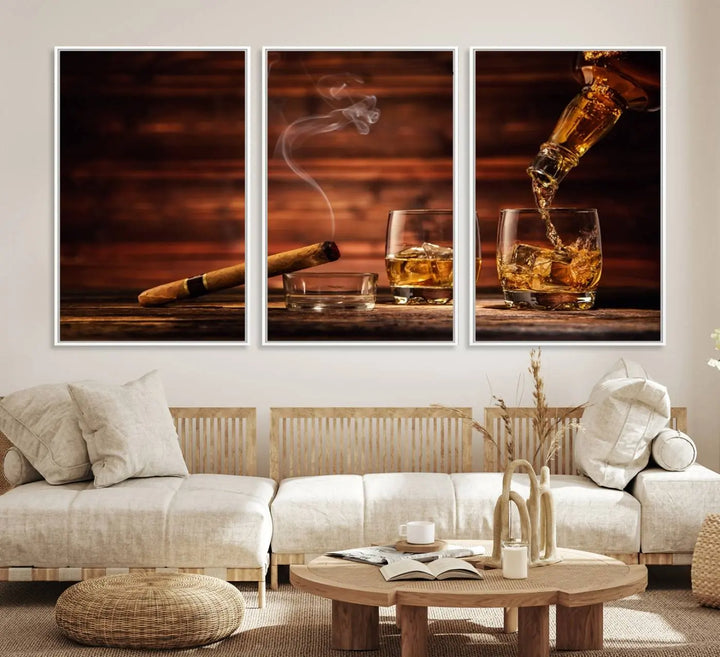 Whiskey and Cigar Canvas Wall Art: 3 Panel Bar Decor; Premium Ready-to-Hang Artwork.