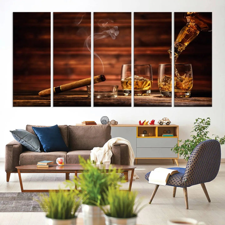 Whiskey and Cigar Canvas Wall Art: 3 Panel Bar Decor; Premium Ready-to-Hang Artwork.