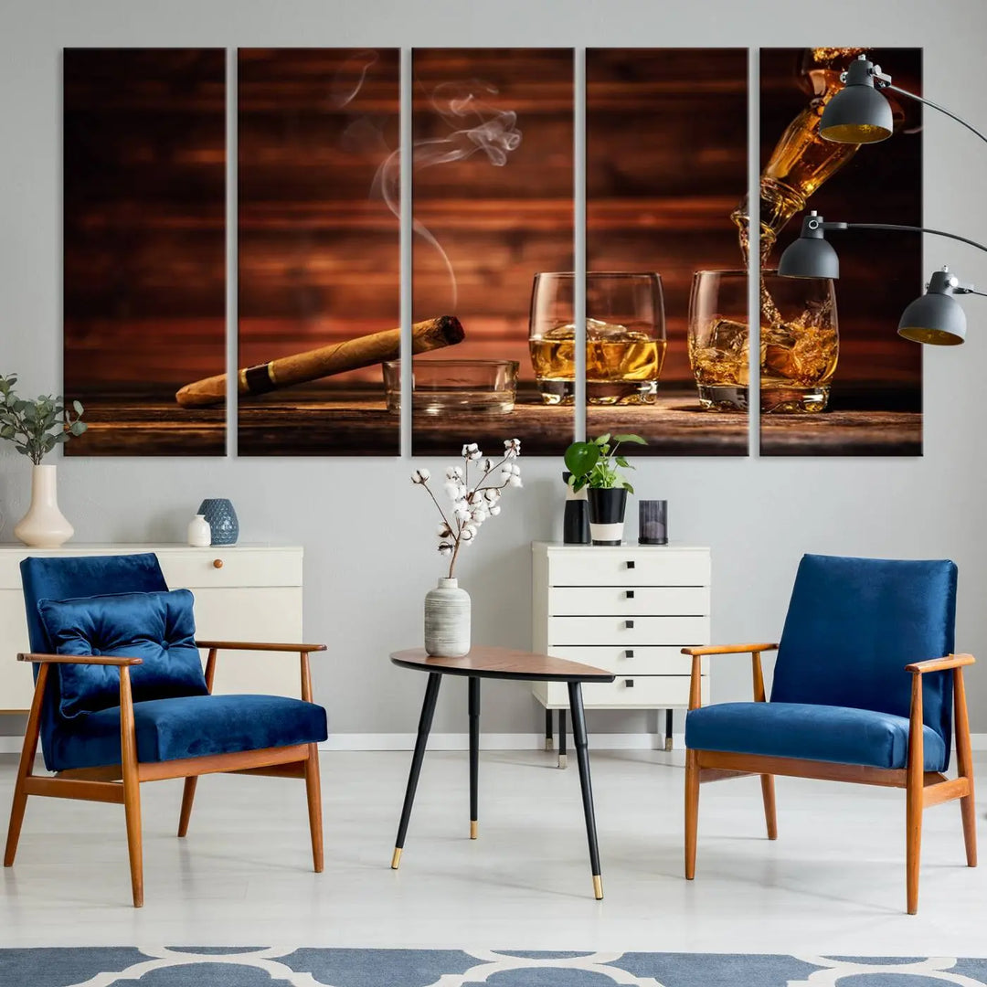 Whiskey and Cigar Canvas Wall Art: 3 Panel Bar Decor; Premium Ready-to-Hang Artwork.
