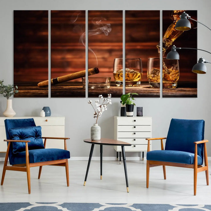 Whiskey and Cigar Canvas Wall Art: 3 Panel Bar Decor; Premium Ready-to-Hang Artwork.