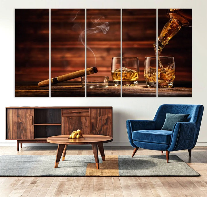 Whiskey and Cigar Canvas Wall Art: 3 Panel Bar Decor; Premium Ready-to-Hang Artwork.