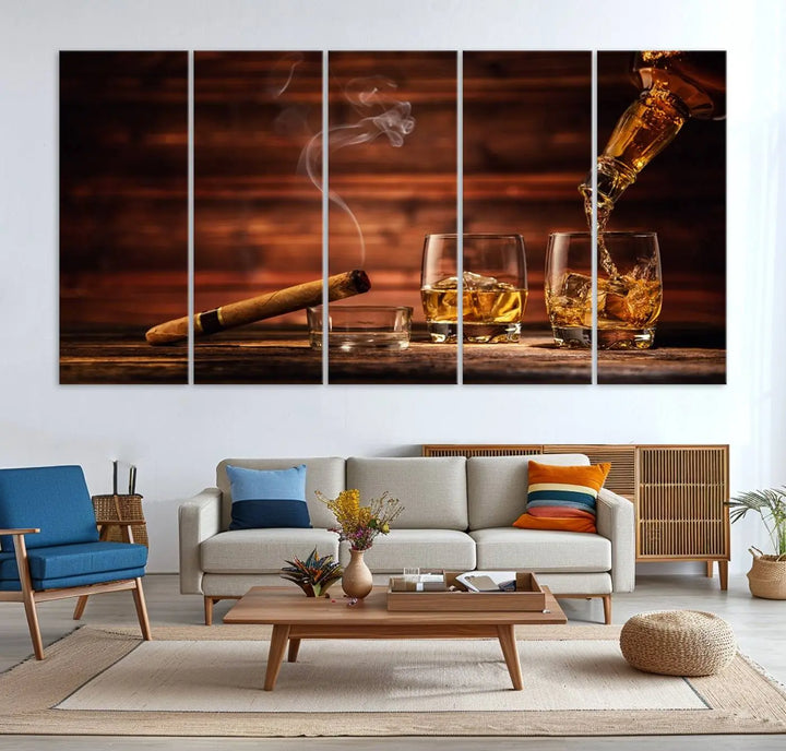 Whiskey and Cigar Canvas Wall Art: 3 Panel Bar Decor; Premium Ready-to-Hang Artwork.