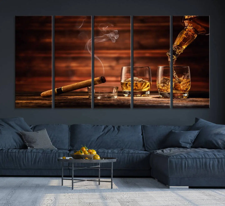 Whiskey and Cigar Canvas Wall Art: 3 Panel Bar Decor; Premium Ready-to-Hang Artwork.