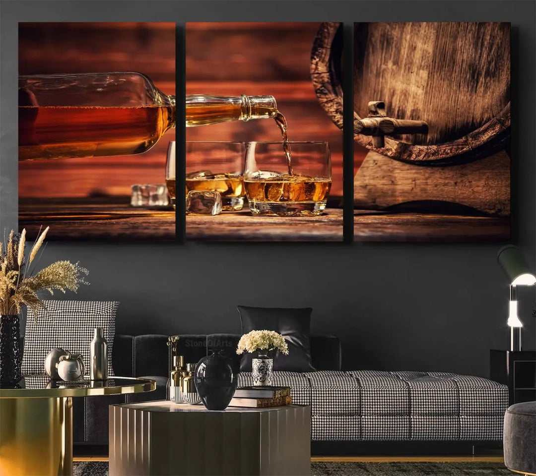 Whiskey and Cigar Canvas Wall Art | 3 Panel Bar Room Decor for Home Lounge, Office, or Man Cave | Premium Ready-to-Hang Artwork