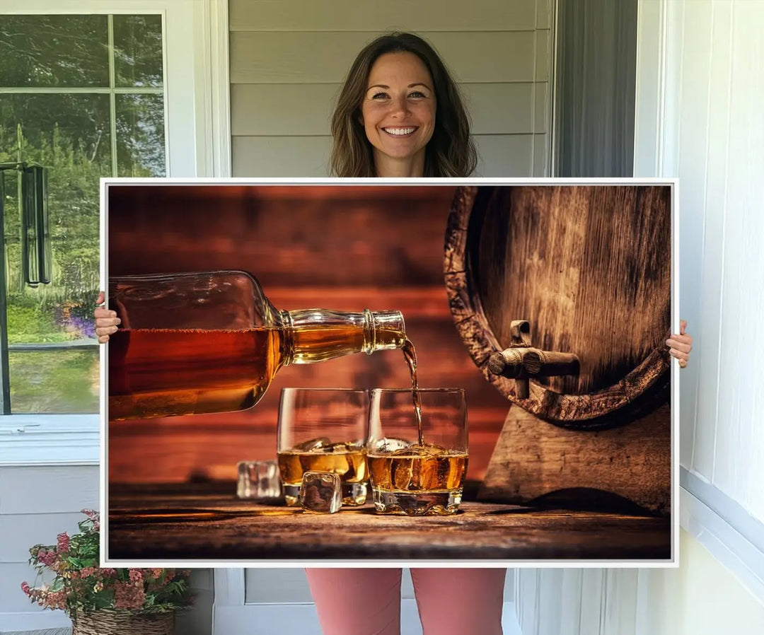 The living room features a canvas wall art depicting whiskey and cigars.