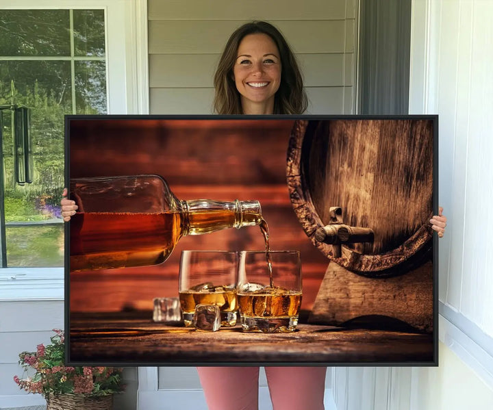 The living room features a canvas wall art depicting whiskey and cigars.