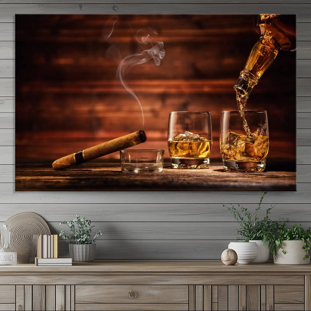 Whiskey and Cigar Canvas Wall Art | 3 Panel Bar Room Decor for Home Lounge, Office, or Man Cave | Premium Ready-to-Hang Artwork