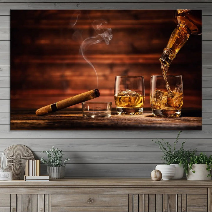 Whiskey and Cigar Canvas Wall Art | 3 Panel Bar Room Decor for Home Lounge, Office, or Man Cave | Premium Ready-to-Hang Artwork
