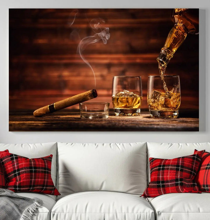 Whiskey and Cigar Canvas Wall Art | 3 Panel Bar Room Decor for Home Lounge, Office, or Man Cave | Premium Ready-to-Hang Artwork