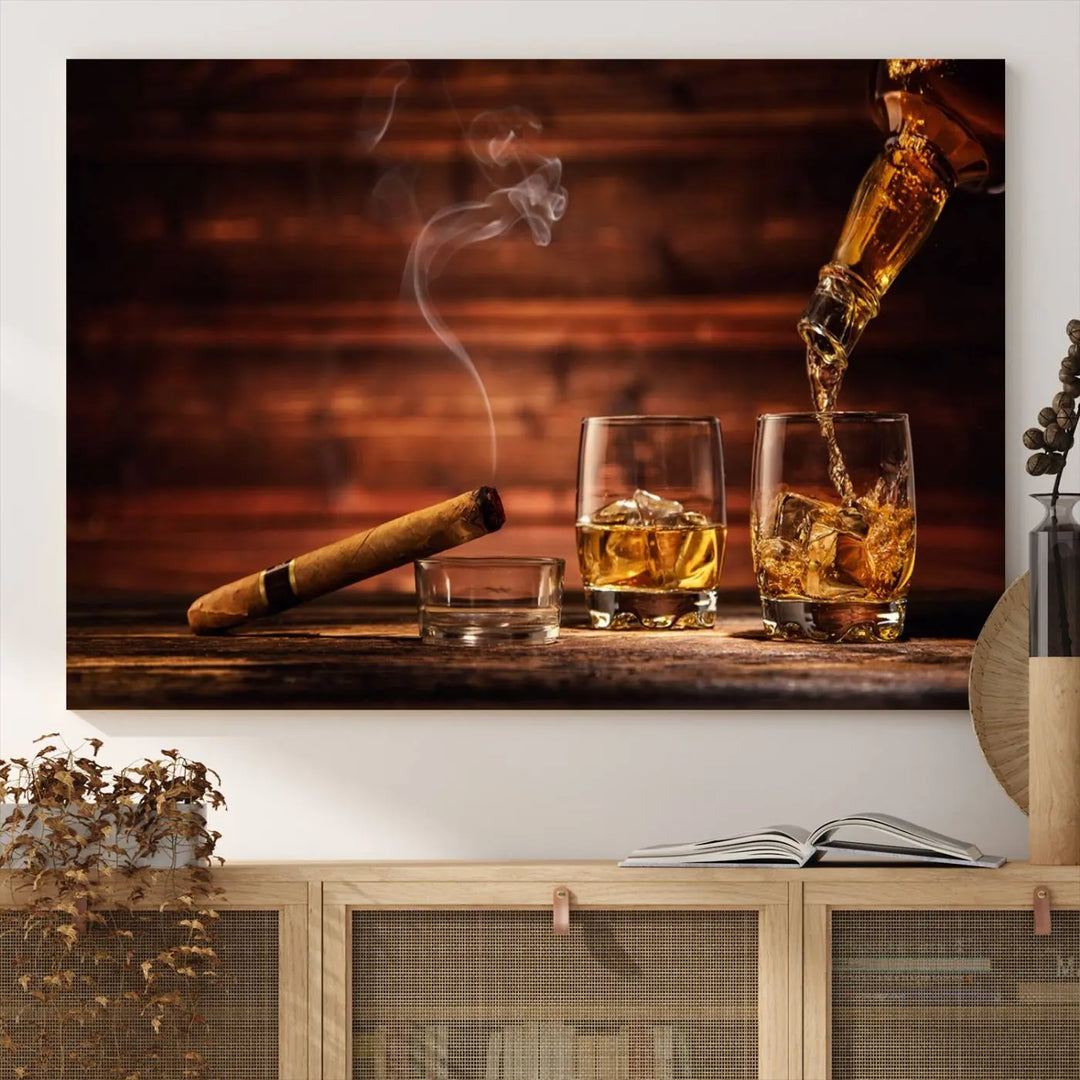 Whiskey and Cigar Canvas Wall Art | 3 Panel Bar Room Decor for Home Lounge, Office, or Man Cave | Premium Ready-to-Hang Artwork