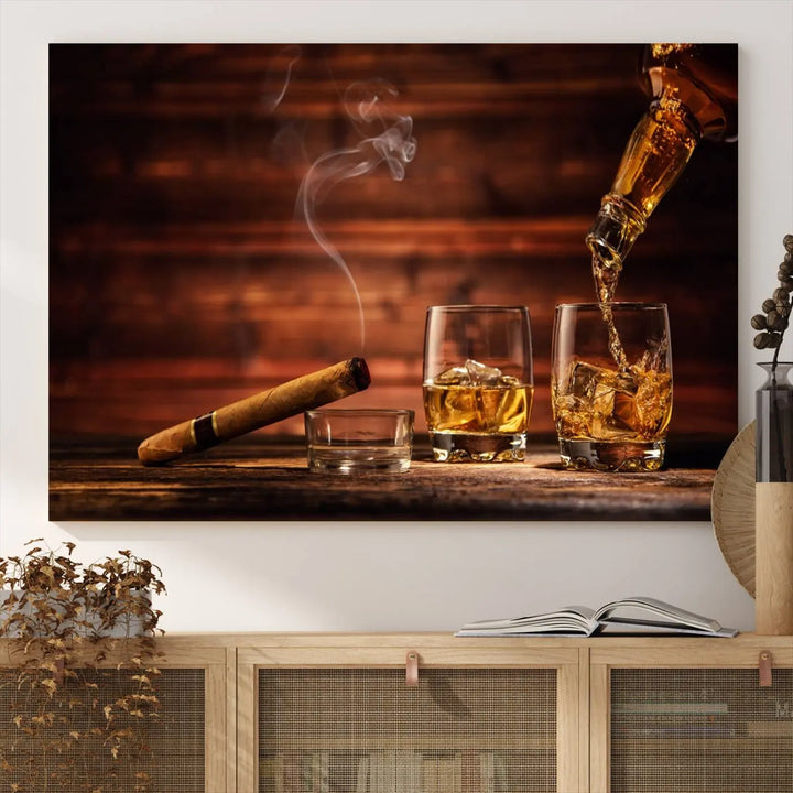 Whiskey and Cigar Canvas Wall Art | 3 Panel Bar Room Decor for Home Lounge, Office, or Man Cave | Premium Ready-to-Hang Artwork