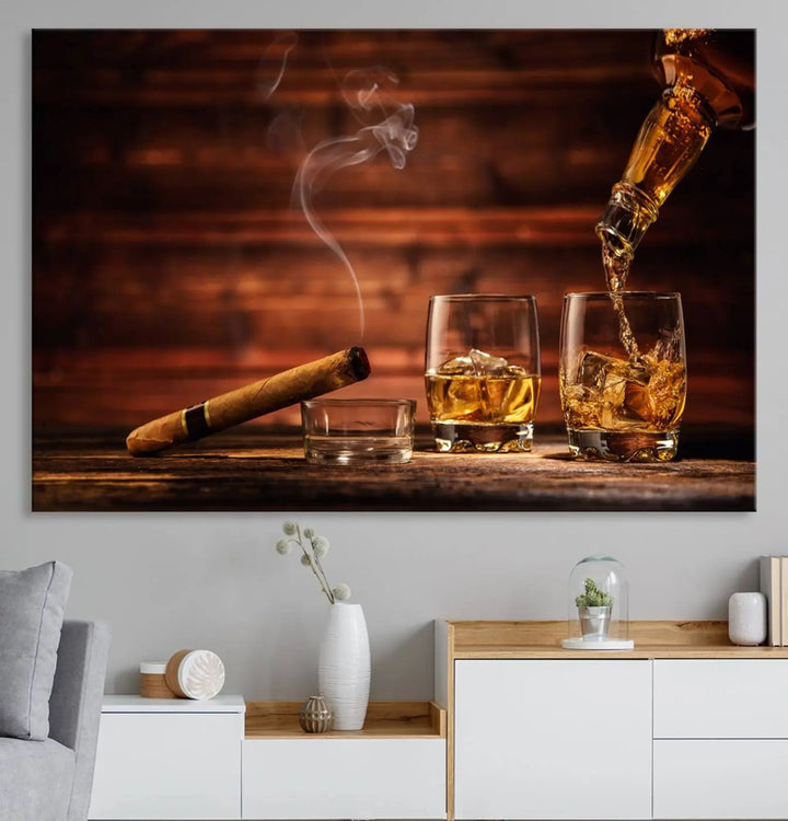 Whiskey and Cigar Canvas Wall Art | 3 Panel Bar Room Decor for Home Lounge, Office, or Man Cave | Premium Ready-to-Hang Artwork