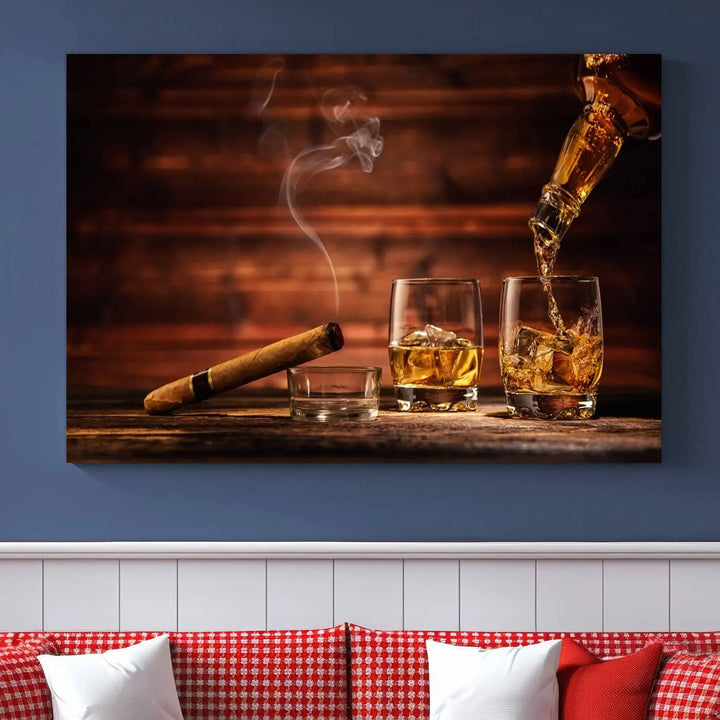 Whiskey and Cigar Canvas Wall Art | 3 Panel Bar Room Decor for Home Lounge, Office, or Man Cave | Premium Ready-to-Hang Artwork