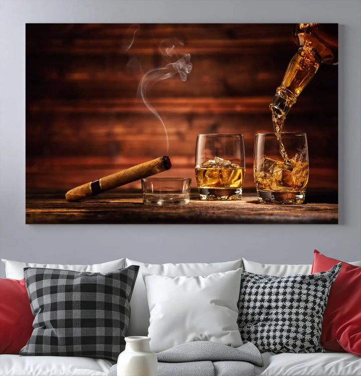 Whiskey and Cigar Canvas Wall Art | 3 Panel Bar Room Decor for Home Lounge, Office, or Man Cave | Premium Ready-to-Hang Artwork