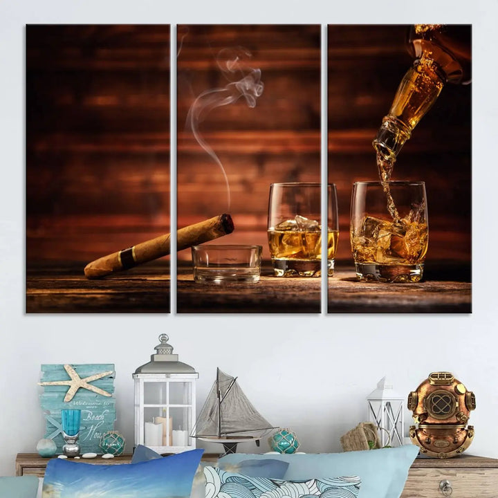 Whiskey and Cigar Canvas Wall Art | 3 Panel Bar Room Decor for Home Lounge, Office, or Man Cave | Premium Ready-to-Hang Artwork