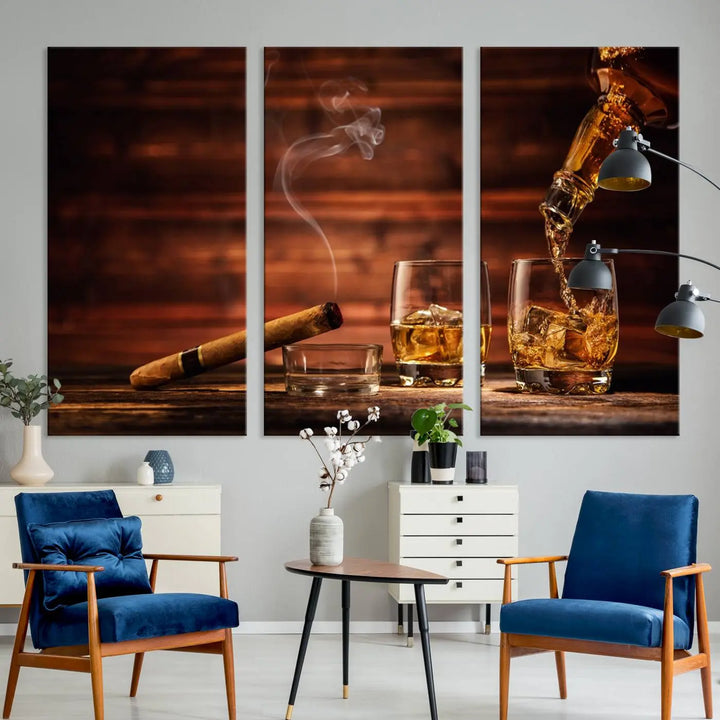 Whiskey and Cigar Canvas Wall Art | 3 Panel Bar Room Decor for Home Lounge, Office, or Man Cave | Premium Ready-to-Hang Artwork