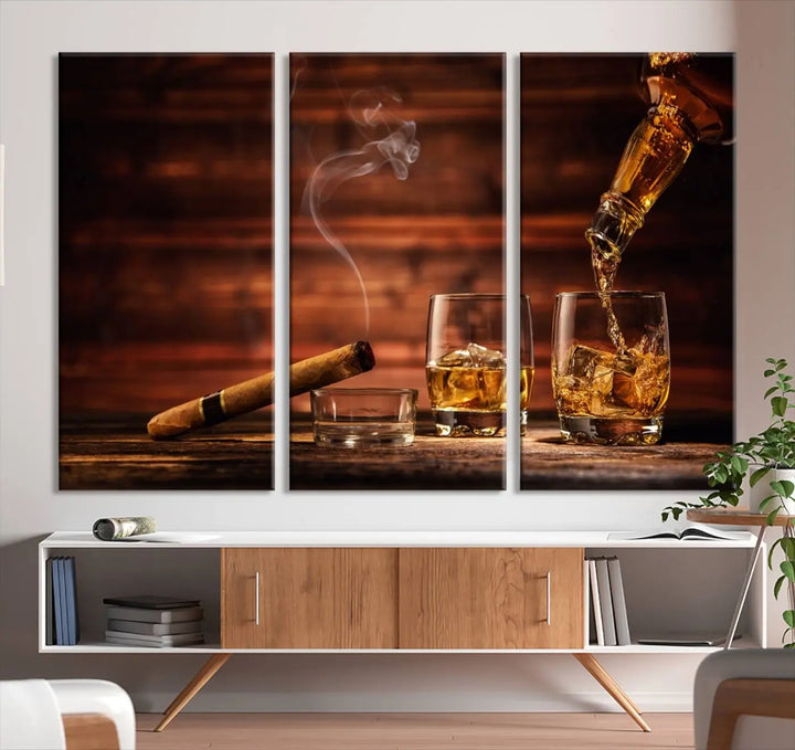 Whiskey and Cigar Canvas Wall Art | 3 Panel Bar Room Decor for Home Lounge, Office, or Man Cave | Premium Ready-to-Hang Artwork