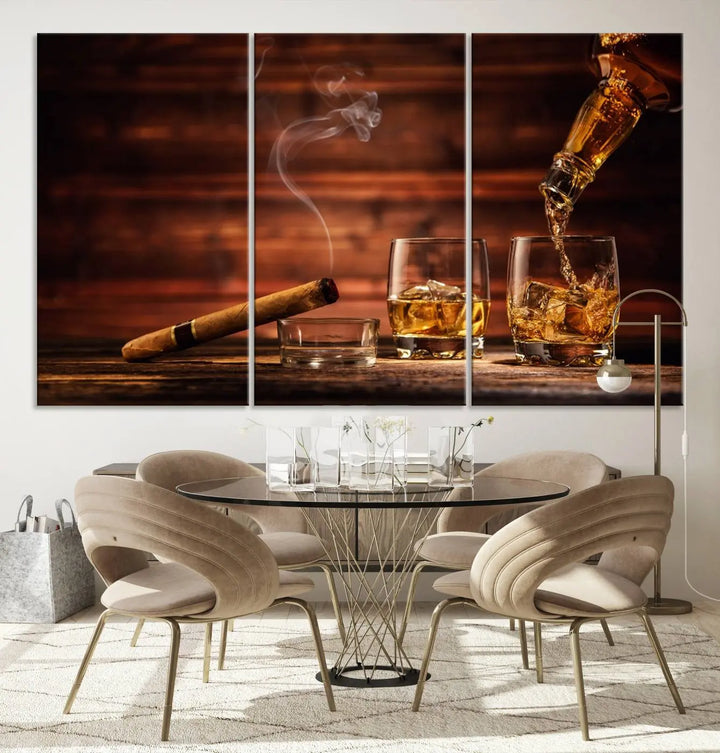 Whiskey and Cigar Canvas Wall Art | 3 Panel Bar Room Decor for Home Lounge, Office, or Man Cave | Premium Ready-to-Hang Artwork