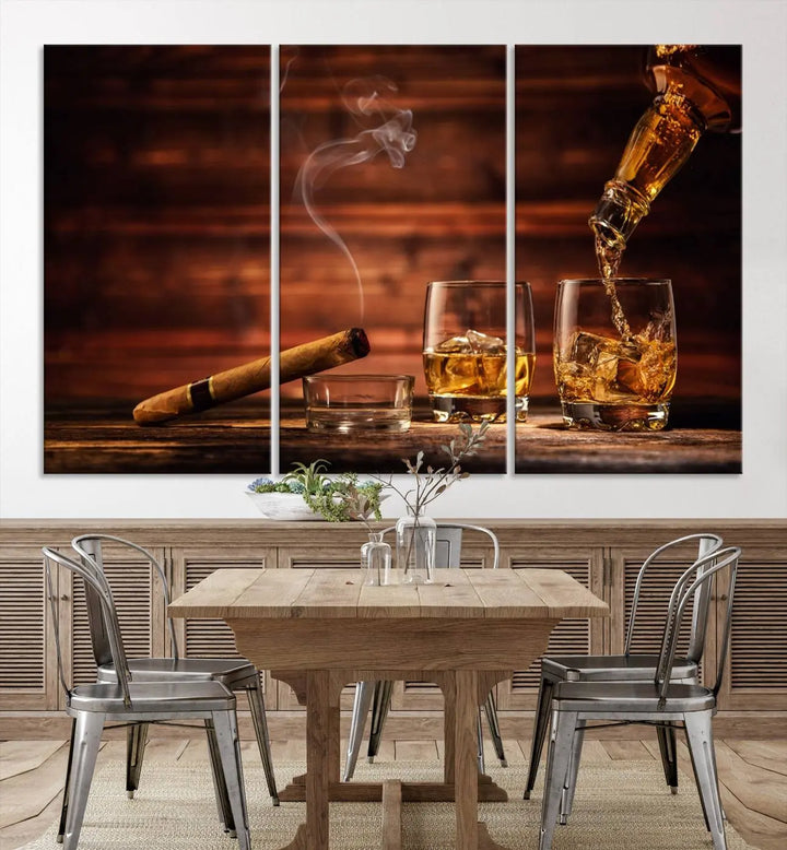 Whiskey and Cigar Canvas Wall Art | 3 Panel Bar Room Decor for Home Lounge, Office, or Man Cave | Premium Ready-to-Hang Artwork