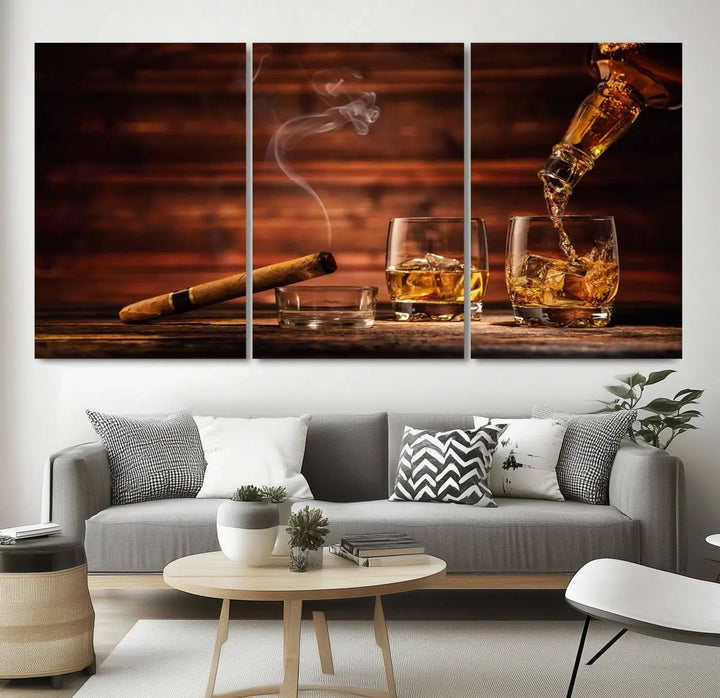 Whiskey and Cigar Canvas Wall Art | 3 Panel Bar Room Decor for Home Lounge, Office, or Man Cave | Premium Ready-to-Hang Artwork