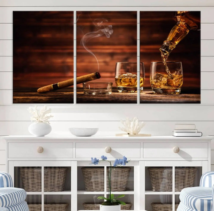 Whiskey and Cigar Canvas Wall Art | 3 Panel Bar Room Decor for Home Lounge, Office, or Man Cave | Premium Ready-to-Hang Artwork