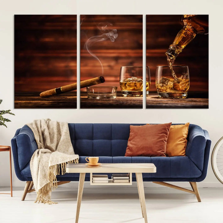Whiskey and Cigar Canvas Wall Art | 3 Panel Bar Room Decor for Home Lounge, Office, or Man Cave | Premium Ready-to-Hang Artwork