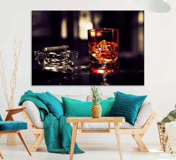 The Whiskey and Cigar Canvas, a luxurious triptych wall art for your living room or bar, portrays a whiskey glass and cigar on a table. This artwork beautifully captures the essence of opulent home decor.