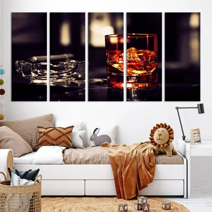 The Whiskey and Cigar Canvas, a luxurious triptych wall art for your living room or bar, portrays a whiskey glass and cigar on a table. This artwork beautifully captures the essence of opulent home decor.