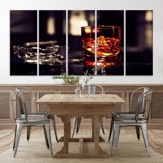 The Whiskey and Cigar Canvas, a luxurious triptych wall art for your living room or bar, portrays a whiskey glass and cigar on a table. This artwork beautifully captures the essence of opulent home decor.